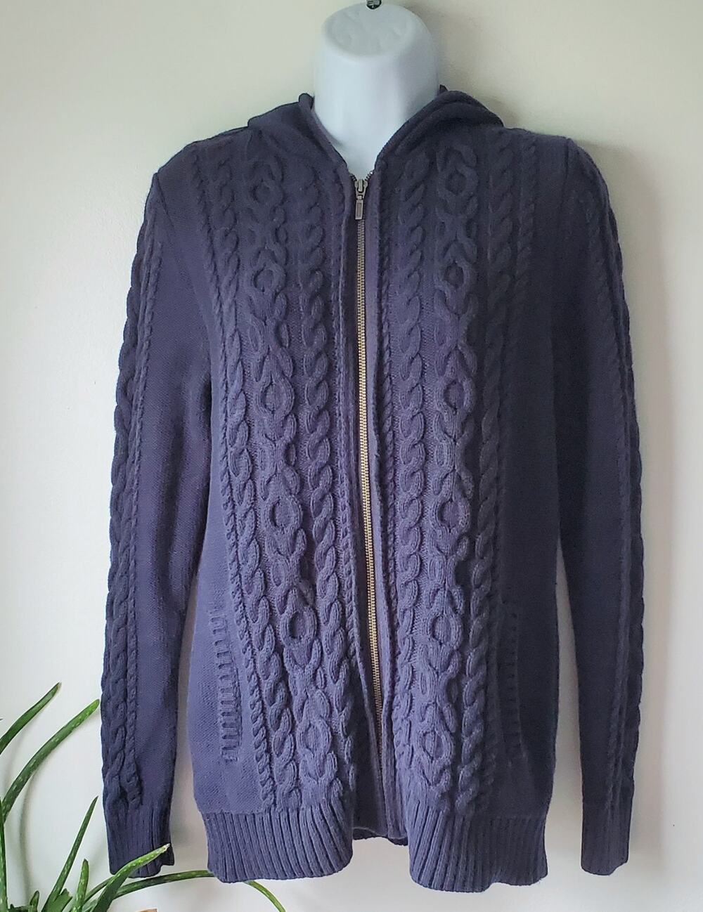 L.L.Bean Womens Blue Cabelknit Zip Front Hooded Cardgan Sweater Size S Preppy
